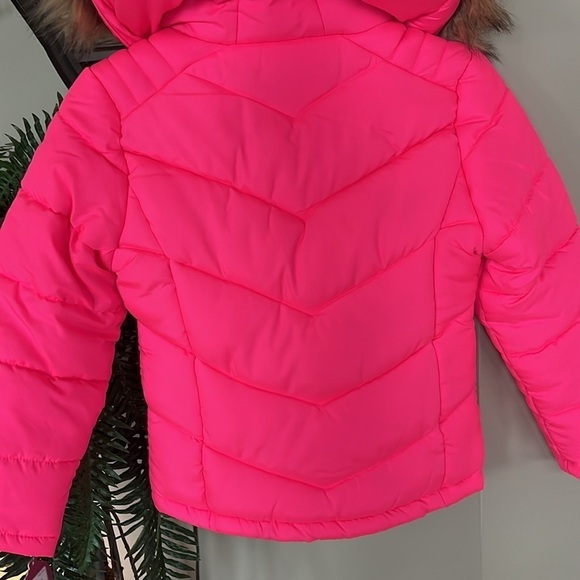 Brand New SO Bright Neon Pink Zip Up Winter Jacket Hooded Puffer Faux Fur Trim - Picture 11 of 15